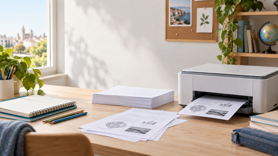 Mesa de estudio con impresora, apuntes y material escolar para la vuelta al cole