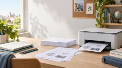 Mesa de estudio con impresora, apuntes y material escolar para la vuelta al cole