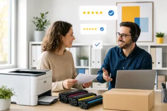 Cliente satisfecho con el servicio de Axartoner junto a una impresora y cartuchos de tóner