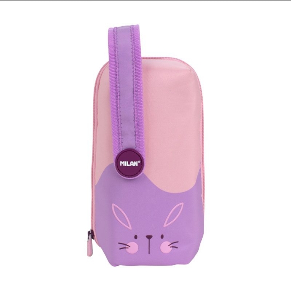 Milan Fun Animals Pack de 4 Estuches con Contenido de Serie - Contenido: Goma de Borrar, 2 Sacapuntas, Lapiz, 1 Boligrafo Sway Azul y 2 Boligrafos P1 Touch Negro y Rojo, Regla de 15cm, 10 Lapices de Colores Ergo y 12 Rotuladores - Color Rosa/Violeta
