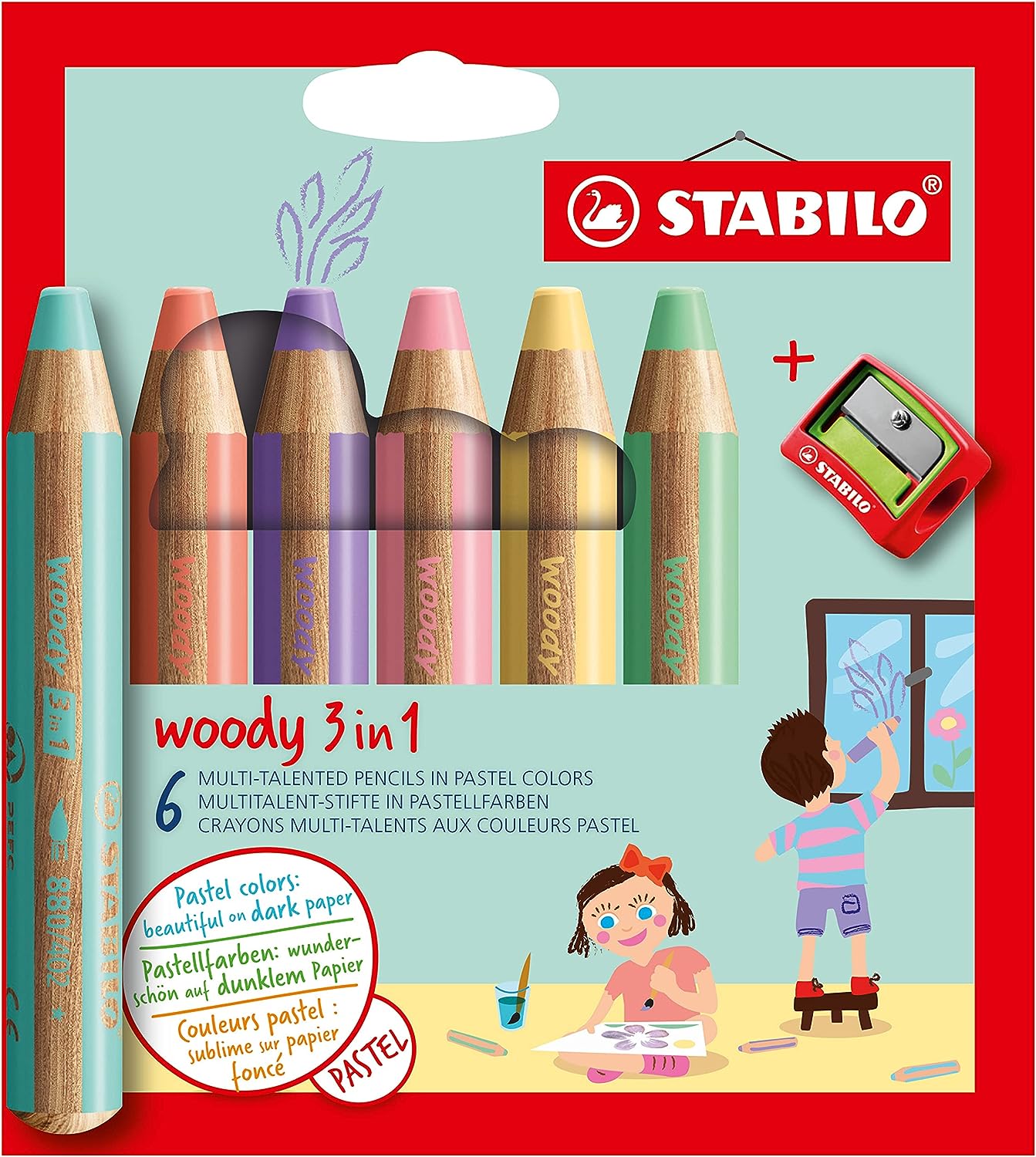 Stabilo Woddy 3 en 1 Pack de 6 Lapices de Colores Pastel + Sacapuntas -  Lapiz de