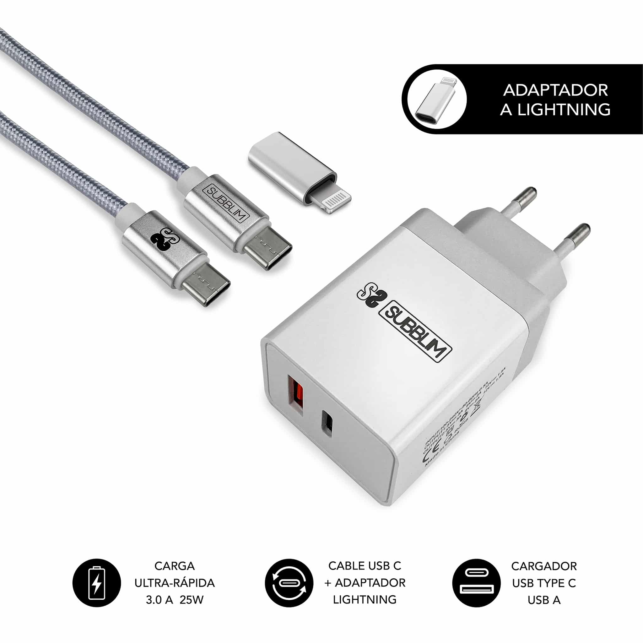 Subblim Cargador de Pared 25W - 2 Puertos (USB C + USB A) - Carga ultra  rápida - Cable