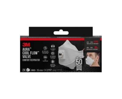 3M Aura Comfort Cool Flow Pack de 2 Mascarillas para Particulas FFP3 - Desechable - con Valvula - para Altos Niveles de Particulas - Color Blanco