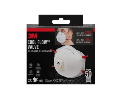 3M Cool Flow Pack de 2 Mascarillas para Particulas FFP3 - Reutilizable - con Valvula - para Altos Niveles de Particulas - Color Blanco