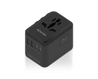 Aisens Adaptador de Viaje Universal GaN 25W - 2xUSB-A QC3.0, 2xUSB-C PD3.0 - Color Negro