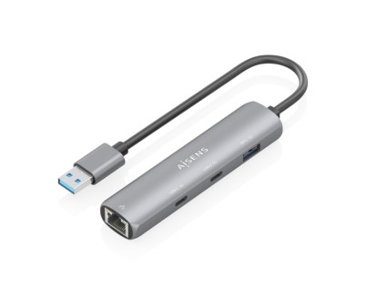 Aisens ASUC-4P036-GR Adaptador de Red USB 3.0 a Ethernet Gigabit + Hub 2xUSB-C y 1xUSB-A 3.0 - 15cm - Color Gris