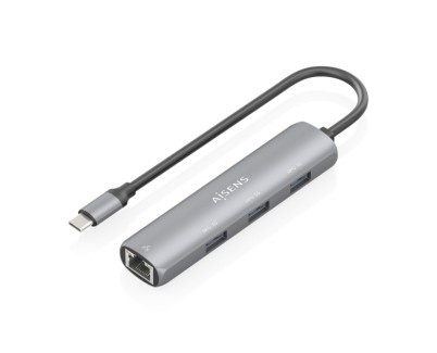 Aisens ASUC-4P038-GR Adaptador de Red USB-C a Ethernet Gigabit + Hub 3xUSB-A 3.0 - 15cm - Color Gris