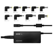 Aisens Cargador 65W Automatico Universal Multitension para Portatil con 9 Conectores + USB-A QC.3.0 - Color Negro