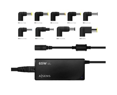 Aisens Cargador 65W Automatico Universal Multitension para Portatil con 9 Conectores + USB-A QC.3.0 - Color Negro