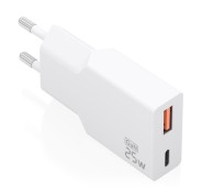 Aisens Cargador de Pared - 25W - GaN - 1xUSB-C - 1xUSB-A - Power Delivery 3.0 - Ultra Delgado - Multiples Protecciones de Seguridad - Color Blanco