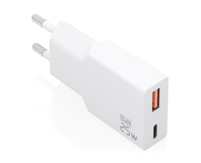 Aisens Cargador de Pared - 25W - GaN - 1xUSB-C - 1xUSB-A - Power Delivery 3.0 - Ultra Delgado - Multiples Protecciones de Seguridad - Color Blanco