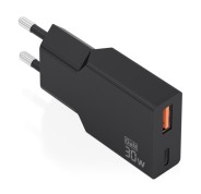 Aisens Cargador de Pared - 30W - GaN - 1xUSB-C - 1xUSB-A - Power Delivery 3.0 - Ultra Delgado - Multiples Protecciones de Seguridad - Color Negro