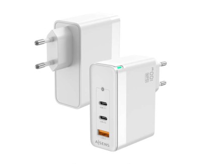 Aisens Cargador GAN 100W - 2xUSB-C PD3.0, QC4.0, QC5.0 - 1xUSB-A QC3.0 - Color Blanco