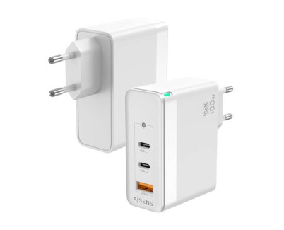 Aisens Cargador GAN 100W - 2xUSB-C PD3.0 QC4.0 QC5.0 - 1xUSB-A QC3.0 - Color Blanco