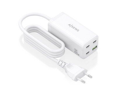 Aisens Cargador GAN 100W - 3xUSB-C PD3.0, QC4.0, QC5.0 - 1xUSB-A QC3.0 - Cable 1.4 Metros - Color Blanco