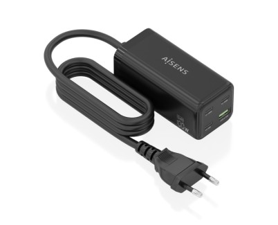 Aisens Cargador GAN 100W - 3xUSB-C PD3.0, QC4.0, QC5.0 - 1xUSB-A QC3.0 - Cable 1.4 Metros - Color Negro