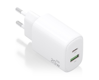 Aisens Cargador GaN 20W - 1xUSB-C PD3.0 - 1xUSB-A QC3.0 - Color Blanco