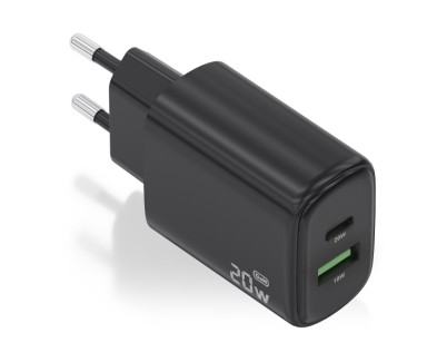 Aisens Cargador GaN 20W - 1xUSB-C PD3.0 - 1xUSB-A QC3.0 - Color Negro