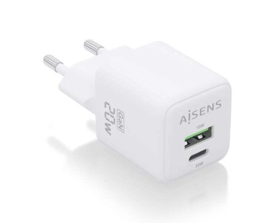 Aisens Cargador GAN 20W - 1xUSB-C PD3.0 QC4.0 - 1xUSB-A QC3.0 - Color Blanco