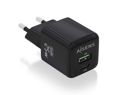 Aisens Cargador Gan 25W - 1xUSB-C PD3.0 QC4.0 - 1xUSB-A QC3.0 - Color Negro