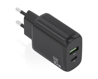 Aisens Cargador GaN 30W - 1xUSB-C PD3.0 QC4.0 - 1xUSB-A QC3.0 - Color Negro