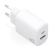 Aisens Cargador GaN 30W - 1xUSB-C PD3.0 QC4.0 - 1xUSB-A QC3.0 - Tecnologia AI - Color Blanco