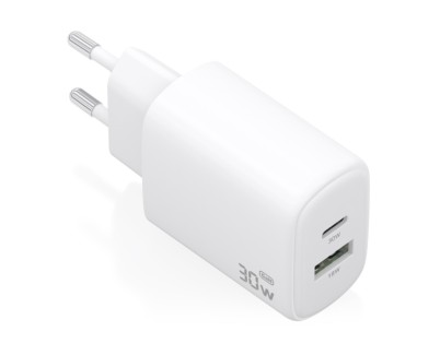 Aisens Cargador GaN 30W - 1xUSB-C PD3.0 QC4.0 - 1xUSB-A QC3.0 - Tecnologia AI - Color Blanco