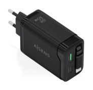 Aisens Cargador GAN 65W - 1xUSB-C PD3.0 y 1xUSB-A QC3.0 + Cable USB-C Retractil - Color Negro