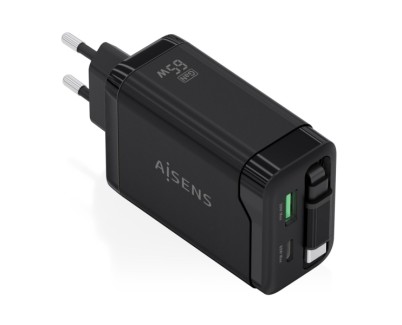 Aisens Cargador GAN 65W - 1xUSB-C PD3.0 y 1xUSB-A QC3.0 + Cable USB-C Retractil - Color Negro