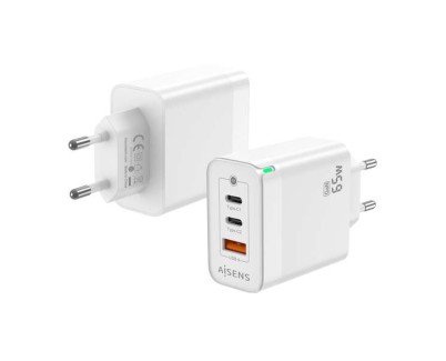 Aisens Cargador GAN 65W - 2xUSB-C PD3.0 QC4.0 - 1xUSB-A QC3.0 - Color Blanco