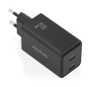 Aisens Cargador GaN 65W - 2xUSB-C PD3.0 QC4.0 - Tecnologia AI - Color Negro
