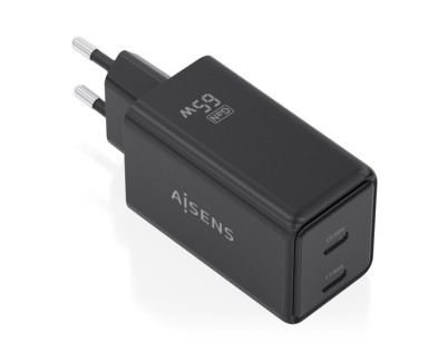 Aisens Cargador GaN 65W - 2xUSB-C PD3.0 QC4.0 - Tecnologia AI - Color Negro