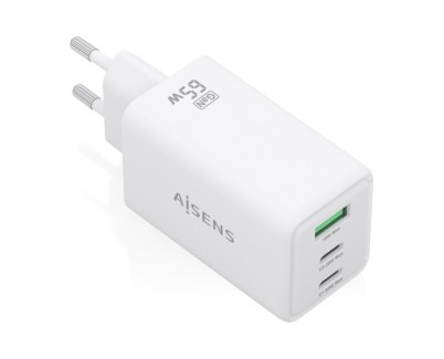 Aisens Cargador GAN 65W - 2xUSB-C PD3.0 QC4.0 y 1xUSB-A QC3.0 - Color Blanco