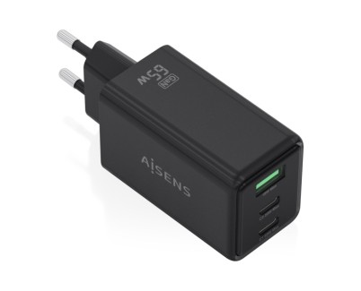 Aisens Cargador GAN 65W - 2xUSB-C PD3.0 QC4.0 y 1xUSB-A QC3.0 - Color Negro