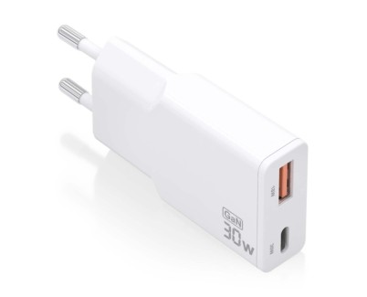 Aisens Cargador GaN Ultra Delgado 30W - 1xUSB-C PD3.0 QC4.0 - 1xUSB-A QC3.0 - Color Blanco