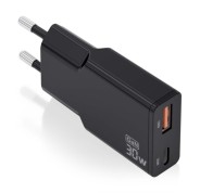 Aisens Cargador GaN Ultra Delgado 30W - 1xUSB-C PD3.0 QC4.0 - 1xUSB-A QC3.0 - Color Negro