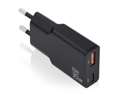 Aisens Cargador GaN Ultra Delgado 30W - 1xUSB-C PD3.0 QC4.0 - 1xUSB-A QC3.0 - Color Negro