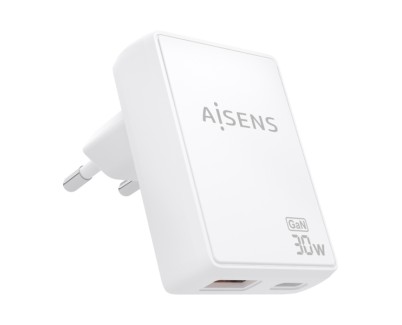 Aisens Cargador GaN Ultra Delgado 30W - 1xUSB-C PD3.0 QC4.0 - 1xUSB-A QC3.0 - Tecnologia AI - Color Blanco