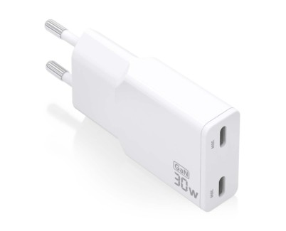 Aisens Cargador GaN Ultra Delgado 30W - 2xUSB-C PD3.0 QC4.0 - Color Blanco