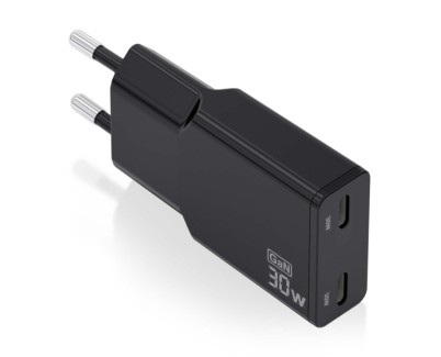Aisens Cargador GaN Ultra Delgado 30W - 2xUSB-C PD3.0 QC4.0 - Color Negro