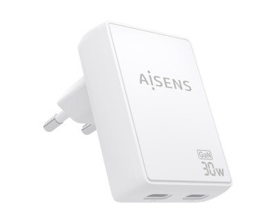 Aisens Cargador GaN Ultra Delgado 30W - 2xUSB-C PD3.0 QC4.0 - Tecnologia AI - Color Blanco