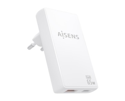Aisens Cargador GaN Ultra Delgado 65W - 1xUSB-C PD3.0 QC4.0 - 1xUSB-A QC3.0 - Tecnologia AI - Color Blanco