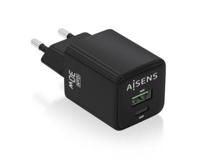 Aisens Cargador Gan USB-C 30W - Alta Eficiencia Energetica - Tecnologia AI para Carga Rapida - Multiples Protecciones de Seguridad - Compatible con USB-C y USB-A - Carga Simultanea de 2 Dispostivos
