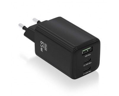 Aisens Cargador Gan USB-C 65W - Alta Eficiencia Energetica - Tecnologia AI para Carga Rapida - Multiples Protecciones de Seguridad - Compatible con USB-C y USB-A - Carga Simultanea de 3 Disositivos