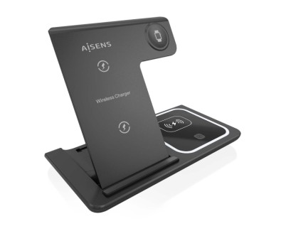 Aisens Cargador Inalambrico USB-C 3 en 1 de 15W para Movil - Apple Watch - Ariculares con Estuche de Carga - Color Negro
