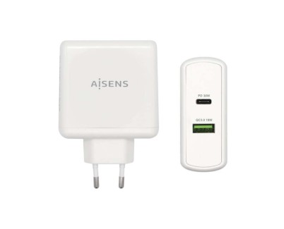 Aisens Cargador para Smartphone 48W 1x USB-C PD3.0 30W, 1x USB-A QC3.0 18W