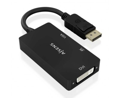 Aisens Conversor MST/SST Displayport a DVI/HDMI/VGA 3 en 1 - Conector DP Macho - Salidas HDMI 4K@60Hz, DVI y VGA - Soporta Modo SST y MST - Color Negro