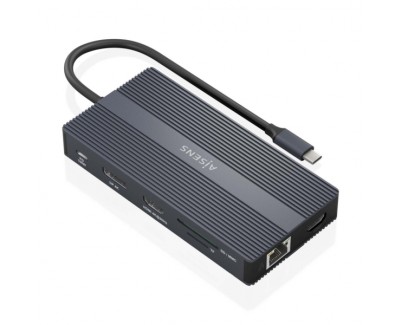 Aisens Conversor USB-C 12 en 1 - Carcasa de Aluminio - Ligero y Portatil - Conexion a 3 Pantallas - Power Delivery 100W - Ethernet RJ45 - Puertos USB-A y USB-C - Lectores de Tarjetas SD y Micro SD