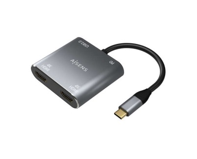 Aisens Conversor USB-C a 2xHDMI 4K SST MST/USB2.0/USB-C PD 60W - USB-C/M-2xHDMI/H-USB-A/H-USB-C/H - 15CM - Color Gris