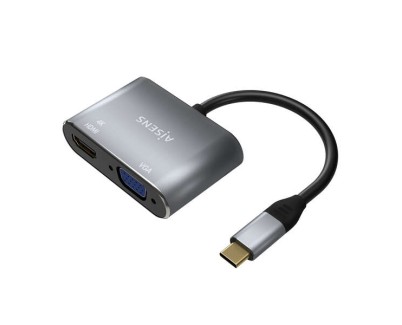 Aisens Conversor USB-C a VGA/HDMI 4K - USB-C/M-VGA/H-HDMI/H - 15CM - Color Gris